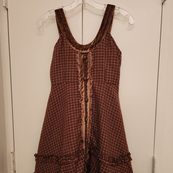Axes Femme Brown Fall Plaid lace ruffle sleeveless dress - Picture 1 of 6